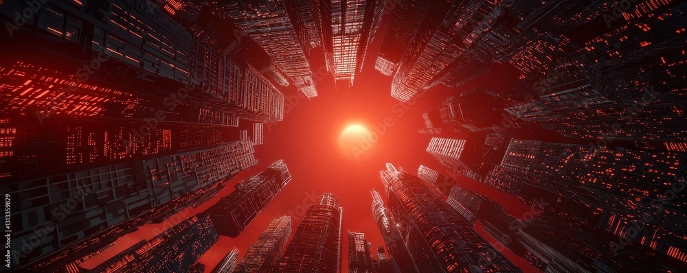 Poster a futuristic view looking upward through dark skyscrapers, illuminated by a striking red light at th