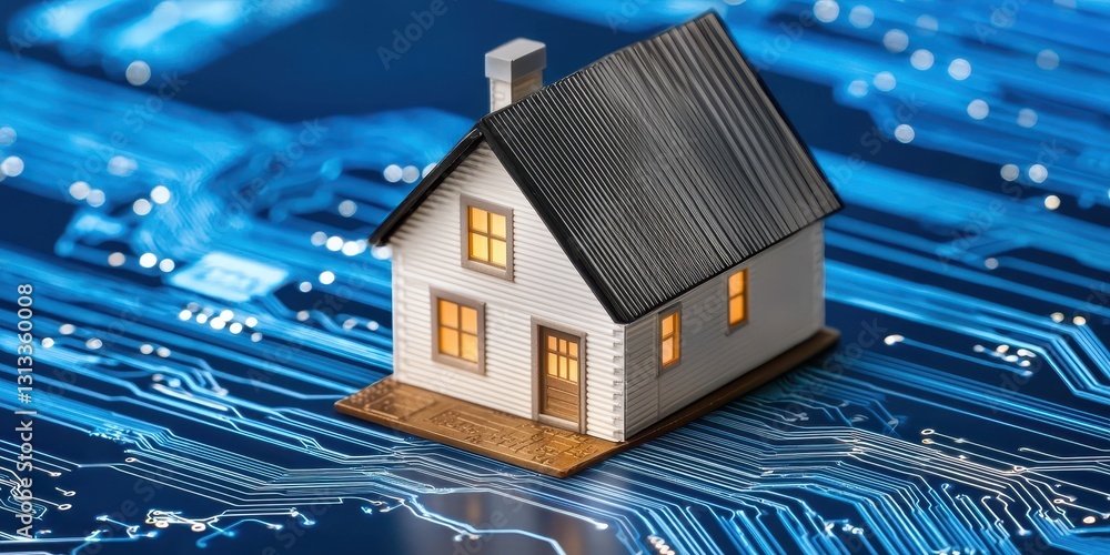 Poster a miniature house rests on a digital circuit board, symbolizing the intersection of technology and r