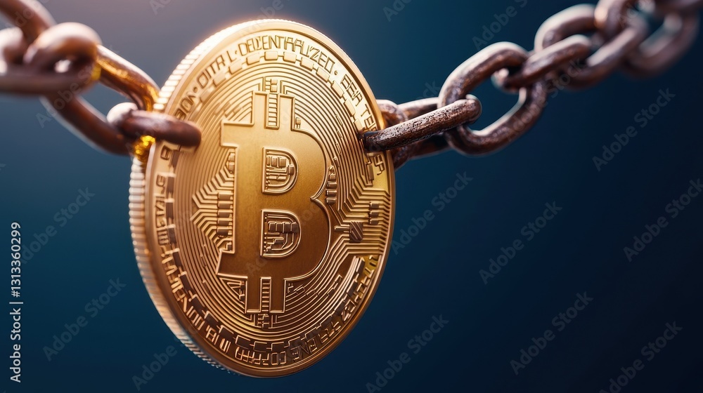 Poster A gold Bitcoin coin is attached to a chain, symbolizing security and the connection between cryptocurrency and blockchain technology.