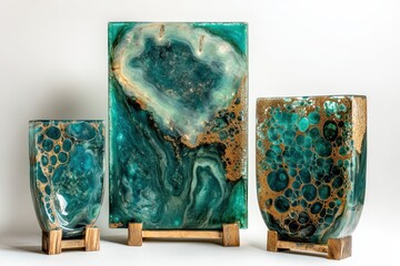 Custom epoxy resin wall panels and jewelry displays on a white backdrop