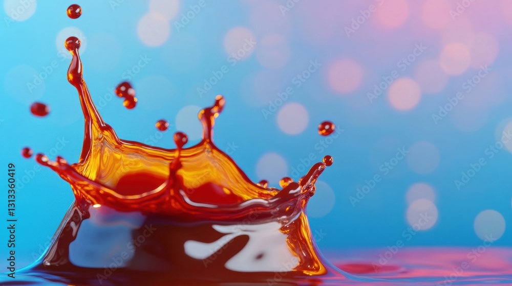 Poster a vivid splash of liquid rises from the surface, surrounded by a softly blurred bokeh background in 