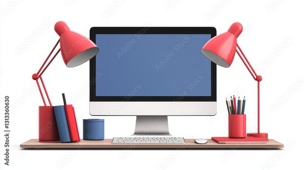Poster modern work desk setup with computer and red lamps in 3d rendering for creative lifestyle office spa