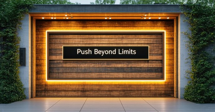 Naklejki Stylish wooden billboard push beyond limits bold black glowing amber positioned entrance of modern outdoor business retreat
