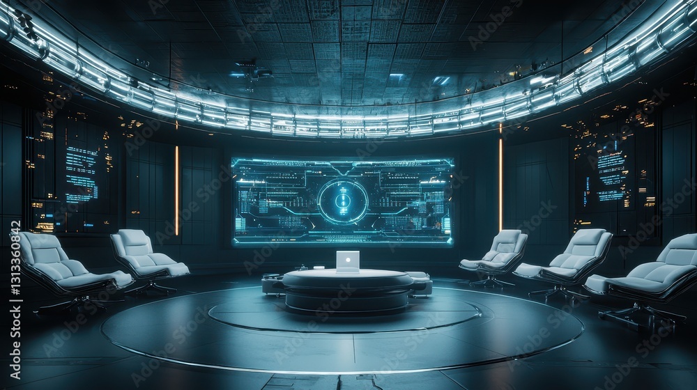 Poster futuristic digital control room with interactive technology display