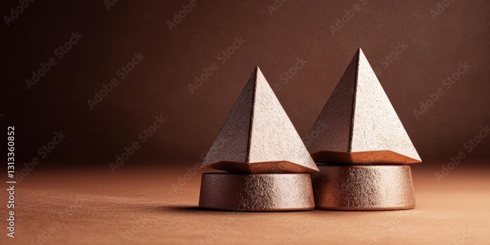 Poster Two metallic pyramids sit on a textured surface, casting soft shadows in warm lighting, creating an elegant and modern aesthetic.