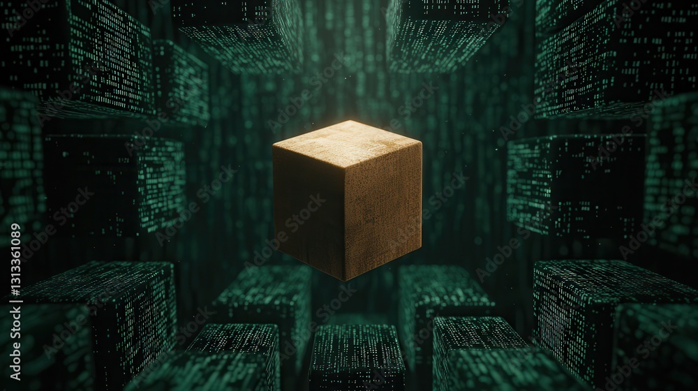 Poster A glowing cube floats in a dark, digital environment filled with green binary code, creating a mysterious and futuristic atmosphere.