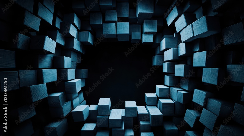 Poster A dark, abstract scene filled with glowing blue cubes, creating a tunnel-like effect leading into a void.