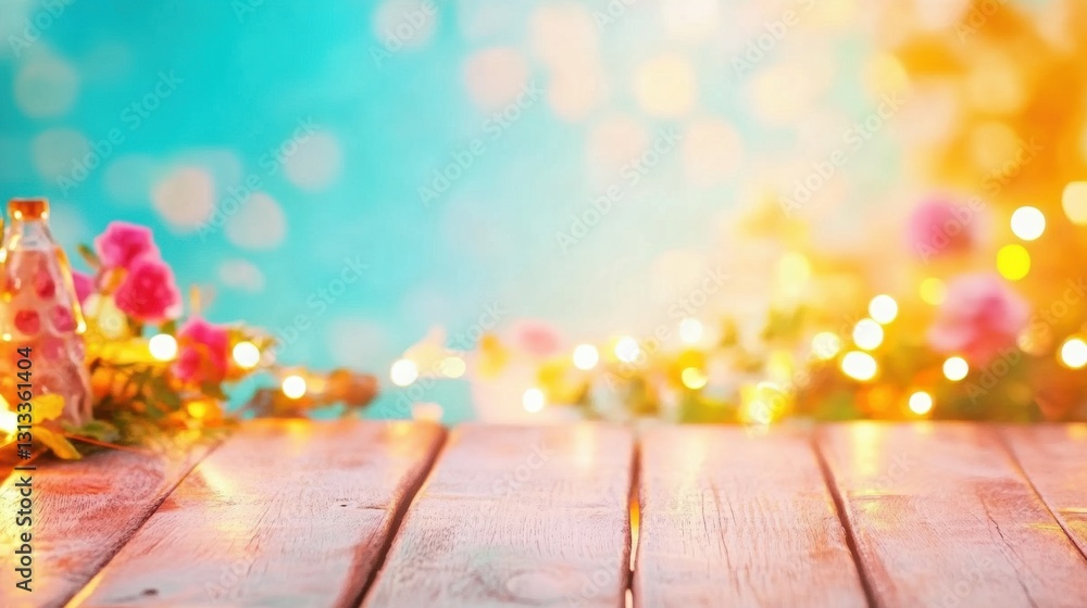 Poster a charming setting with a wooden table adorned with flowers and twinkling lights, capturing a vibran