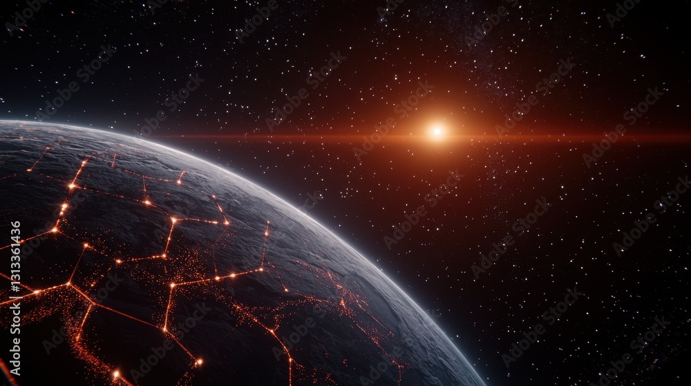 Poster A glowing planet with intricate patterns is illuminated by a distant star, surrounded by a starry backdrop.