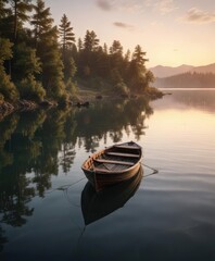 Obraz premium Old wooden boat sailing on a calm lake at dawn, sailboat, boat