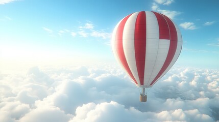 Fototapeta premium CrimsonStripedHotAirBalloonAloftSereneAzureSkyFluffyCloudsEnthrallingSkywardJourneyAdventureDiscoveryTranquilityScenicFlightEscape