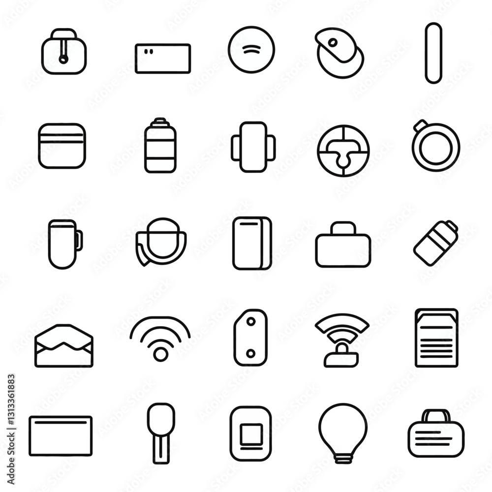 Poster collection of simple line icons representing technology and everyday items