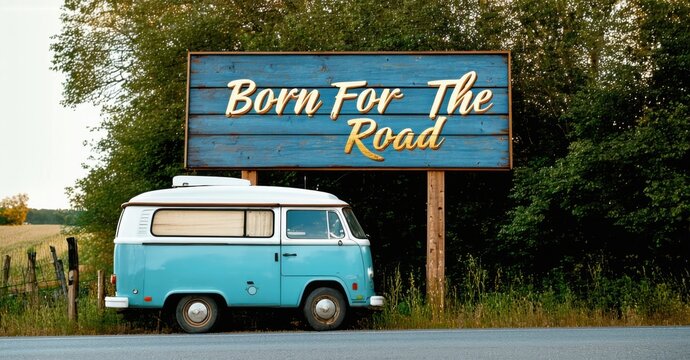 Naklejki Vintage style wooden billboard born for road deep navy radiant gold mounted retro camper van parked beside endless highway