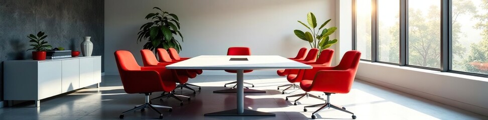 Sleek modern conference room, vibrant red chairs, abundant natural light , meeting, modern office