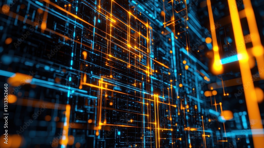 Poster abstract digital background with glowing lines and dark squares