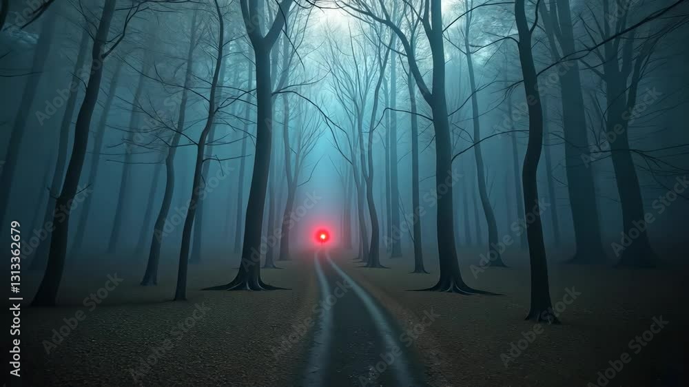 Poster misty forest path with a red light at the end