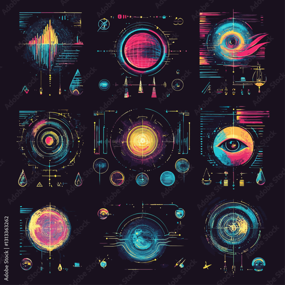 Poster abstract technology interface with glowing neon colors and data display.