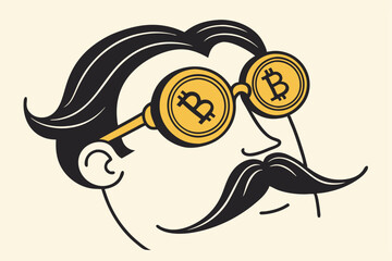 Bitcoin whale or anonymous who rich with bitcoin crypto trading, cryptocurrency guru or success investor with no identity concept, fancy nerd eyeglasses with precious Bitcoin symbol and mustache.