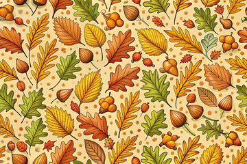 Autumn leaves, acorns, berries seamless pattern.