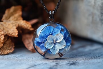 Eco resin pendant with dried hydrangea botanical jewelry gift for her