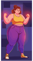 Determined plus-size woman with glowing fists in power stance.