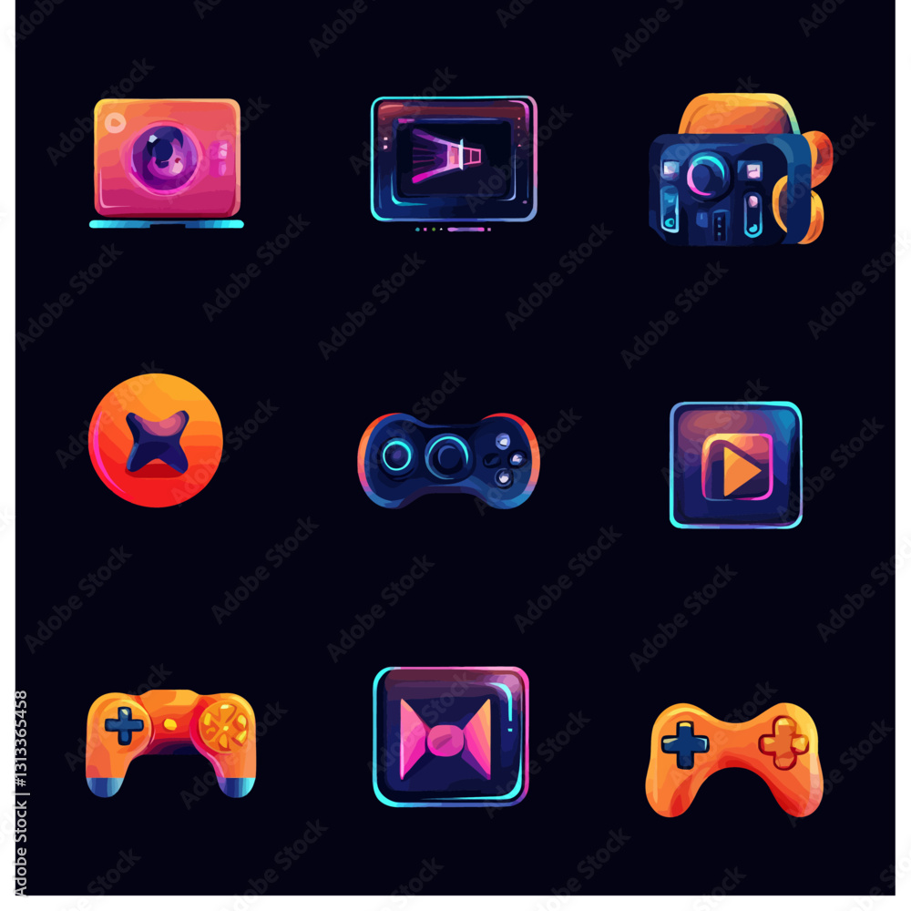 Poster neon camera set with game controller icons for media entertainment