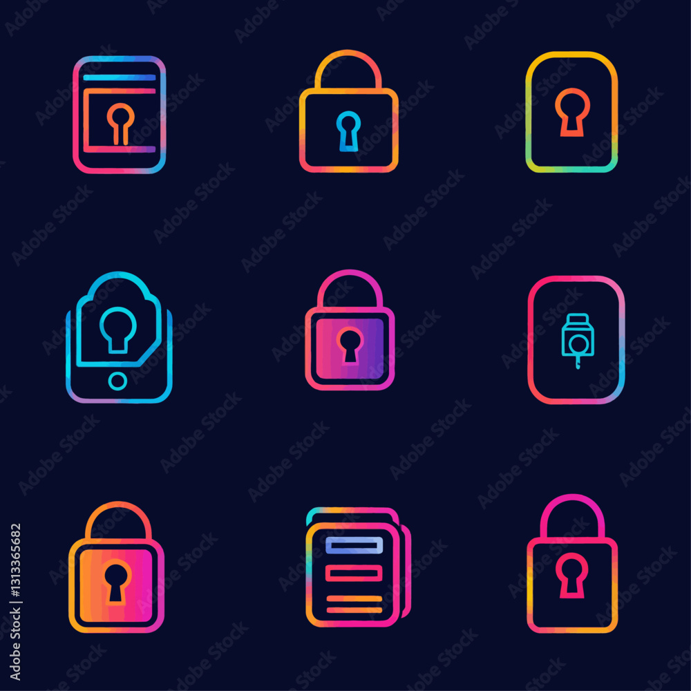 Poster neon padlocks and document icons symbolizing data security and protection