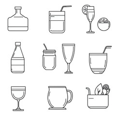 Line art of drink ware: cocktail, wine, jar and cup, linear sketch