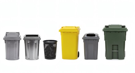 Lineup of Trash Bins and Recycling Carts with Diverse Sizes and Lids on Plain White Background PNG Style HD Minimal