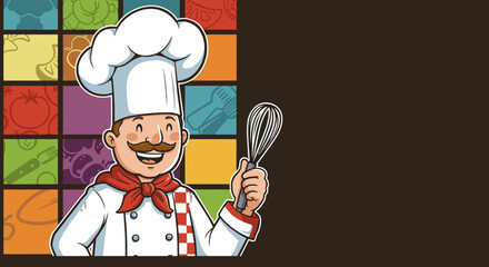 Naklejka premium Cartoon chef with whisk on dark background and colorful elements.