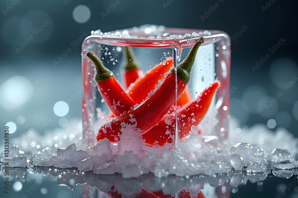 Poster chilies frozen in ice with a sparkling background create a striking visual contrast.