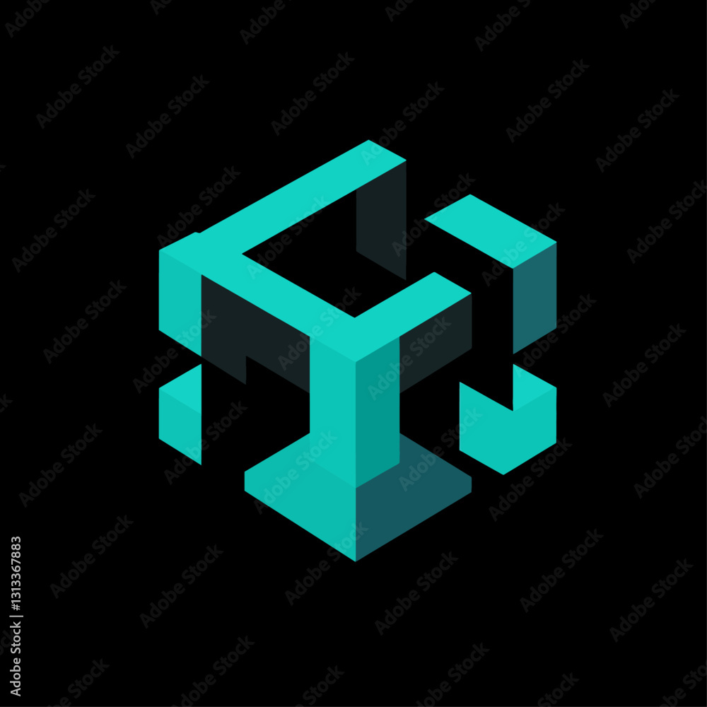Poster abstract teal geometric cube floating on black background for design
