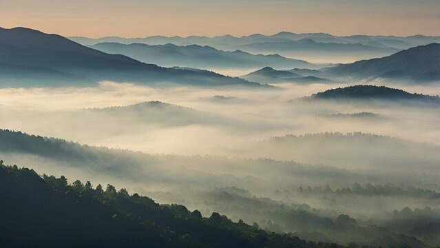 image captures peaceful and ethereal essence of a mountainous scenery enveloped in mist during early hours of day, Sunrise over misty mountains with a scenic valley view