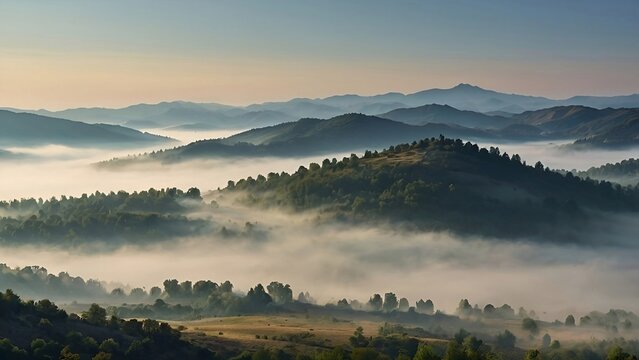 image captures peaceful and ethereal essence of a mountainous scenery enveloped in mist during early hours of day, sunrise over misty mountains with fog and morning mist