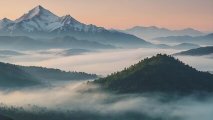 image captures peaceful and ethereal essence of a mountainous scenery enveloped in mist during early hours of day, Mountains covered in morning fog