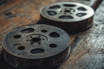 Fototapeta premium Cinematic moment closeup of vintage film reels rustic wood standard photography atmospheric setting artistic perspective capturing the essence of film nostalgia