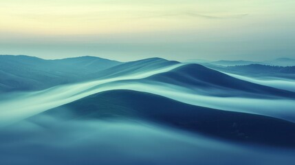 Serene Misty Landscape of Rolling Hills at Dawn with Soft Colors
