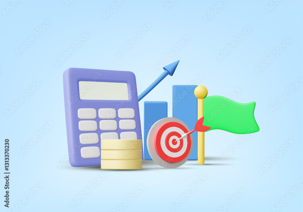 Aufkleber 3d illustration vector render of calculator icon with flag with target and stack of coins, financial