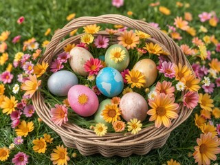 Wicker basket overflowing with colorful Easter eggs and vibrant spring flowers, eggs, Easter basket