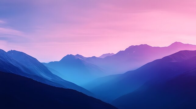 A vibrant painted landscape featuring multiple layered mountain ranges