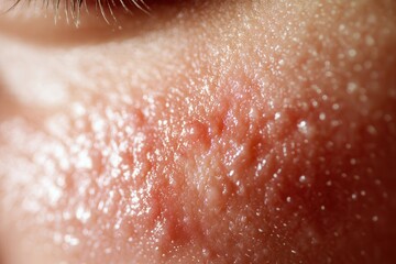 Fototapeta premium Close-up of human skin texture with visible pores and acne on a face.