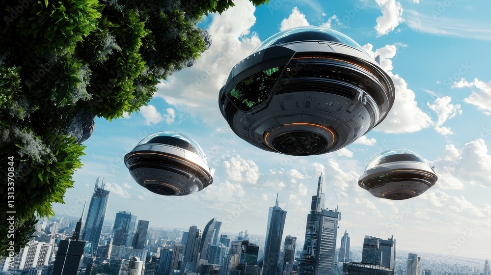 Poster futuristic flying saucers hover over a modern city skyline, showcasing a blend of advanced technolog