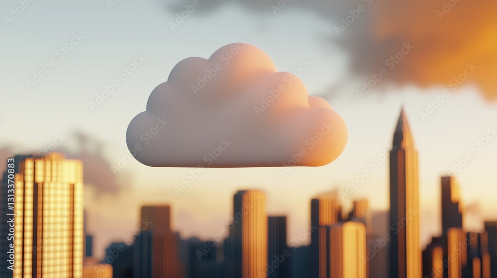 Poster a soft cloud floats above a city skyline at sunset, creating a serene contrast with the urban enviro