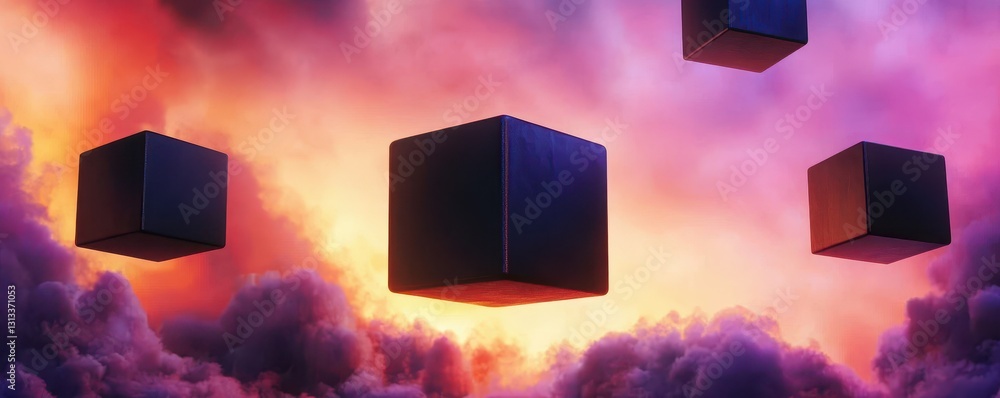 Poster dark cubes float against a vibrant, colorful sky filled with clouds, creating a surreal and dreamlik