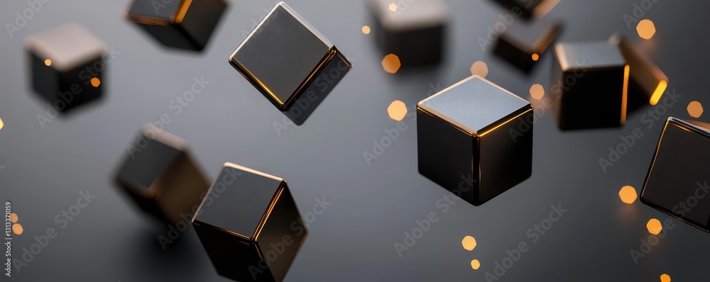 Poster A visually captivating arrangement of floating black cubes against a blurred background, creating a sense of depth and modernity.
