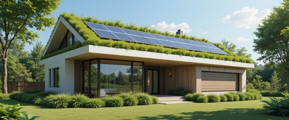 Fototapeta premium Eco-Friendly Modern House, Solar Panels, Green Roof - Sustainable l.