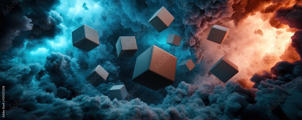 Poster a surreal scene depicting floating cubes amidst vibrant blue and orange clouds, creating an otherwor