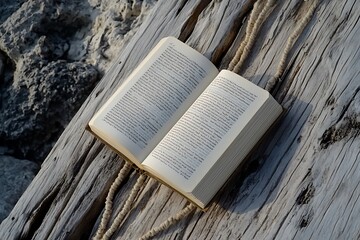 Open Book On Rustic Wooden Surface With Rope