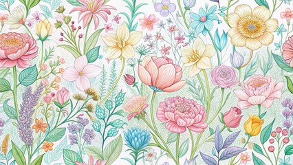 Obraz premium Soft Spring Garden Line Art Pattern: Delicate Floral Design Background