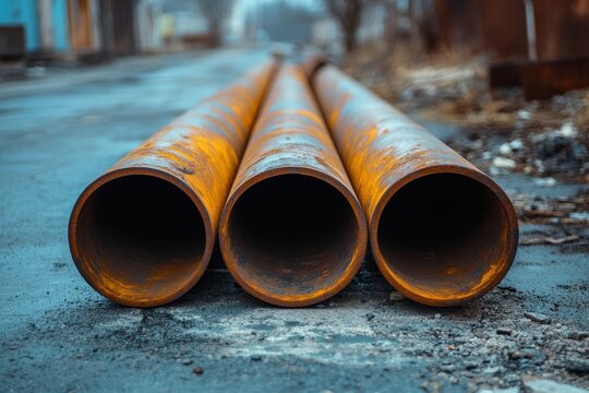 Multiple metal pipes on the road for sewage installation Industrial supplies